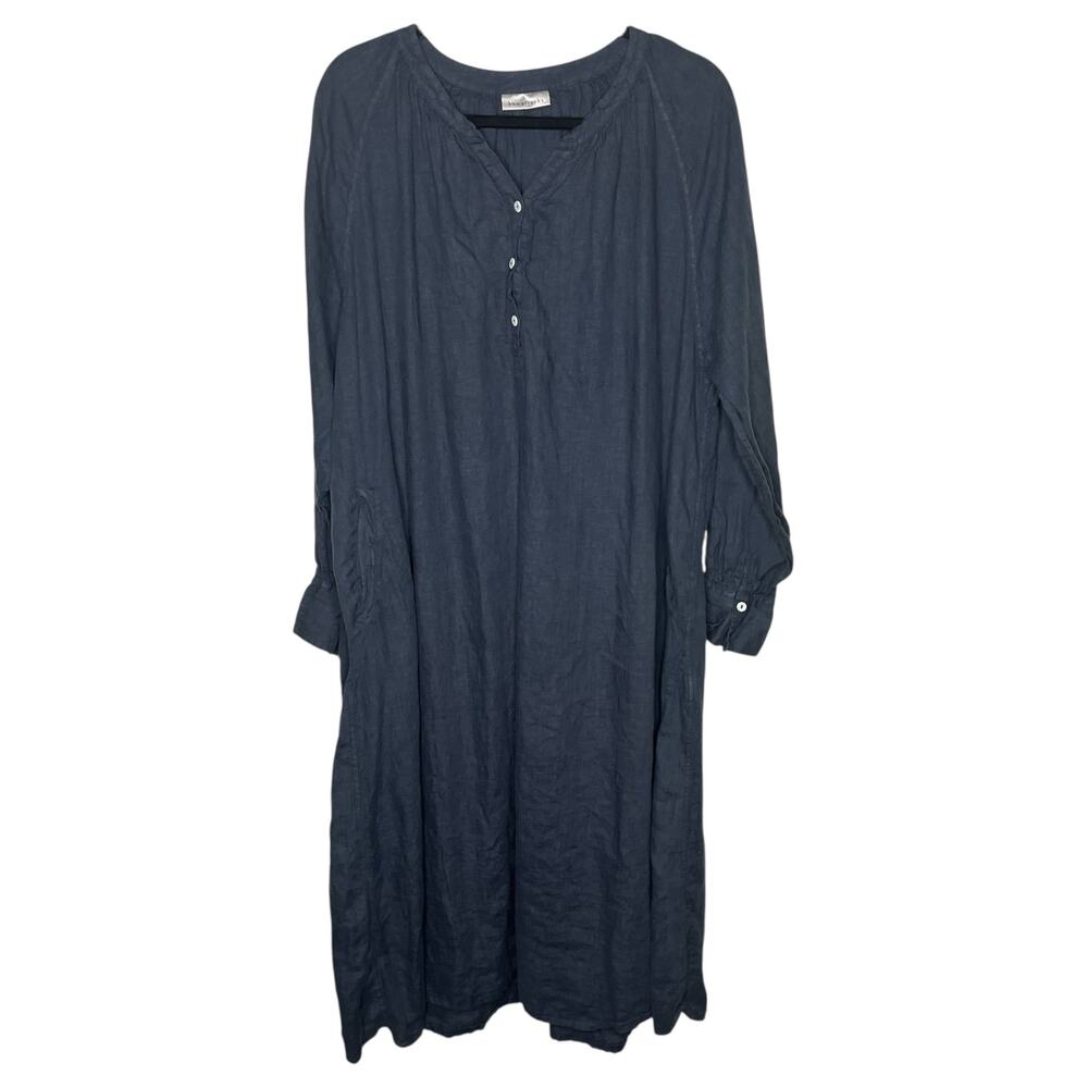 Homefrocks Midi Dress Womens L Blue 100% Linen USA Hand Dyed Boho Lagenlook